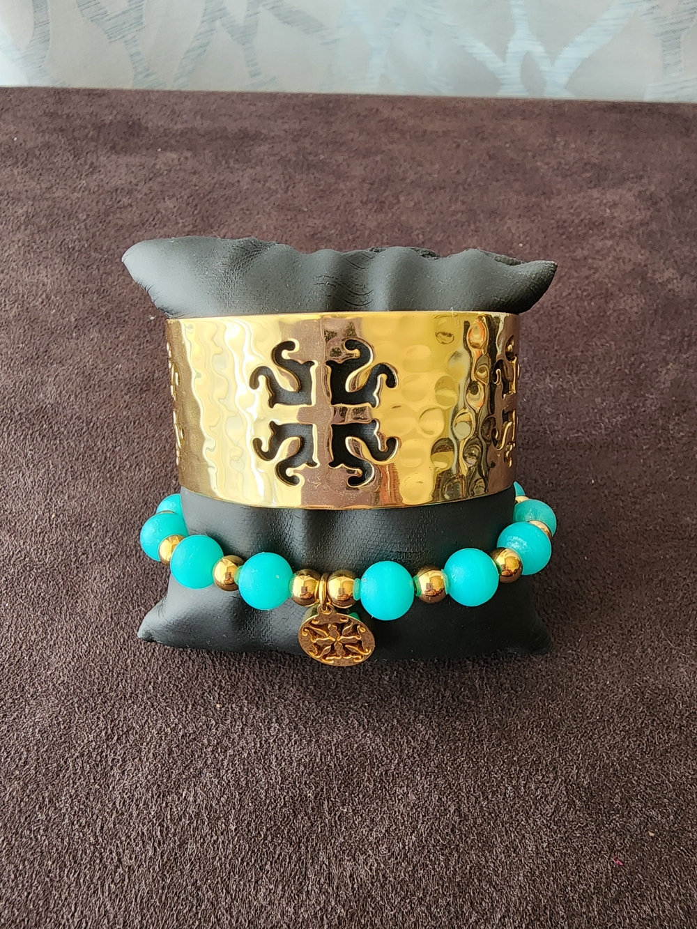 Rustic Cuff Holly Wide Gold Hammered Cutout Cuff & Turquoise Beaded Bracelet Set